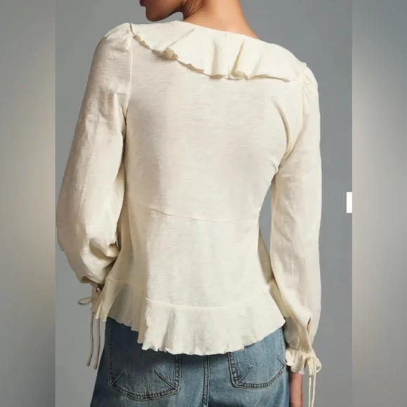 Anthropologie Cream Ruffled V-Neck Long Sleeve Blouse - Picture 4 of 9